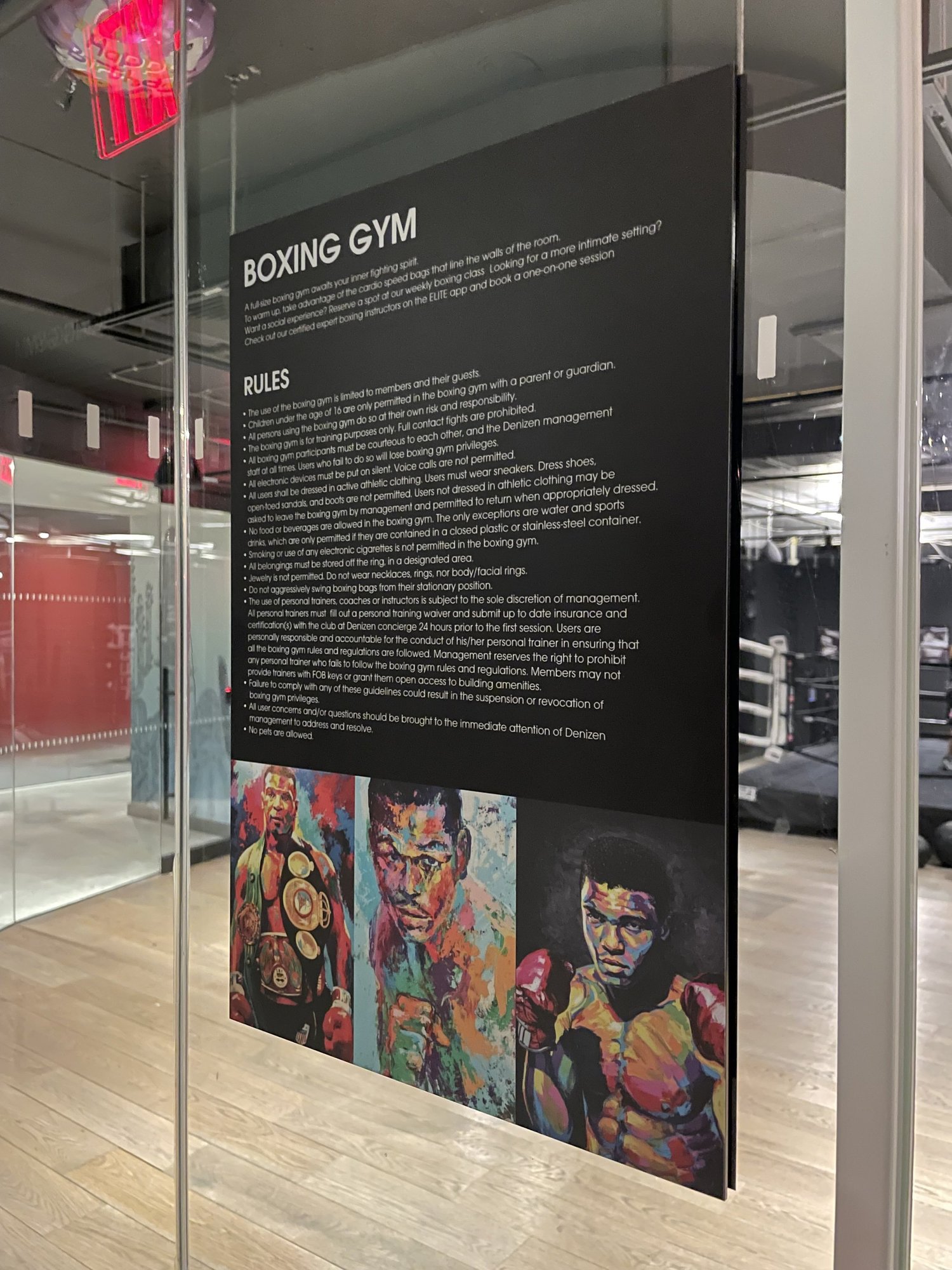 Information and rules panel installed on glass